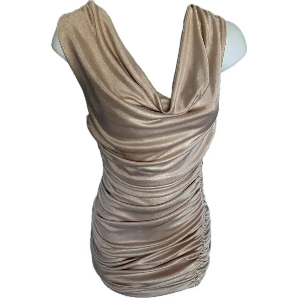 Express Bodycon Ruched Champagne Dress Cowl Neck Women’s Size Petite S - Picture 2 of 8